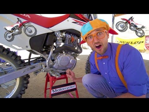 Blippi rides a motorcycle dirt bikes for children