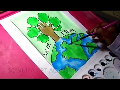 How To Draw Save Trees / Save Earth Poster Drawing With Water Colors Save Green poster Easy Drawing