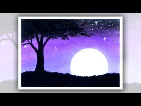 How to draw moonlight tree, Easy oil pastel drawing for beginners