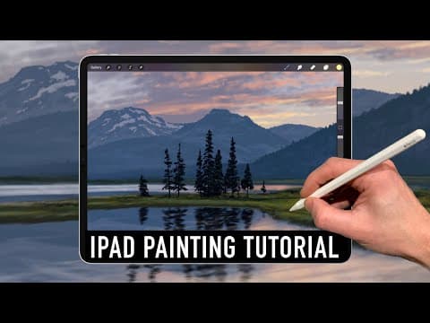 Ipad painting tutorial - mountain lake sunset landscape in procreate