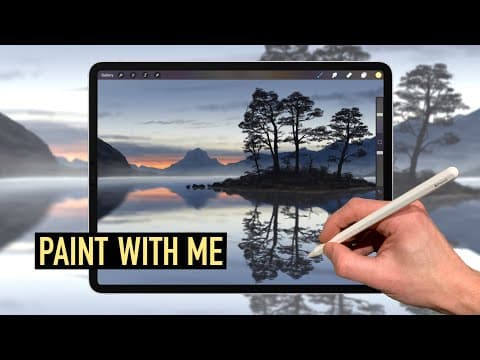 Ipad painting tutorial - tree island lake landscape art in procreate
