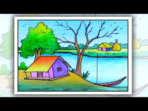 How to draw Simple Scenery for beginners, Village Scenery Drawing