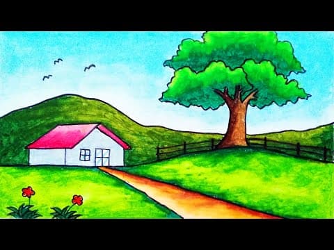 Easy Village Scenery Drawing for Beginners | How to Draw Easy Scenery of a House on the Hills