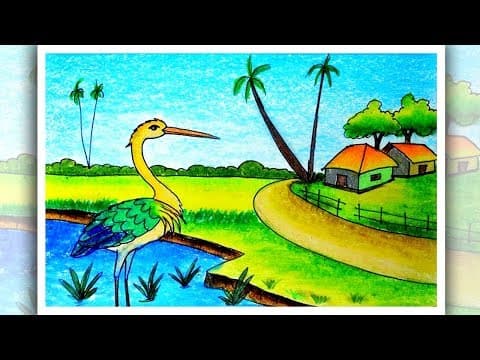 How to draw scenery of egret, How to draw scenery of heron, easy scenery drawing