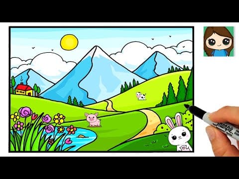 How to draw a simple mountain landscape scenery easy - nature art