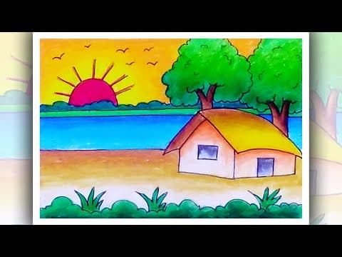 How to draw simple scenery with oil pastel step by step