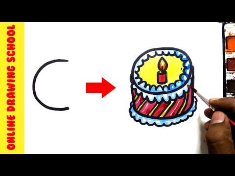 letters C into a Cake drawing for children - How to Draw Anything from letters simple and easy - Lesson 157