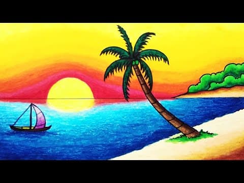 How to Draw Sunset in Tropical Beach for Beginners | Easy Nature Scenery Drawing Step by Step