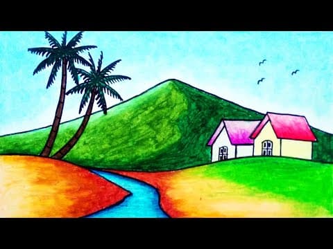 How To Draw Easy Scenery | Drawing Mountain And Village Scenery With Oil Pastel