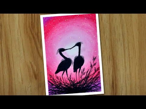 Birds in nest drawing, Moonlight bird painting, Oil pastel drawing for beginners