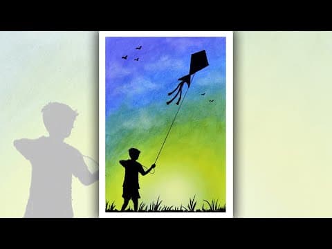 Flying kite on sunset drawing, Easy scenery drawing for beginners with oil pastel