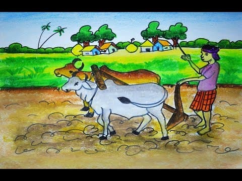 How to draw Cultivation scenery, How to draw a Farmer working in field