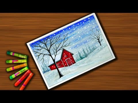Red House in Snow / Drawing / With Oil Pastel / for beginners #90