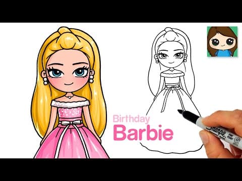 How to draw barbie - birthday wishes doll in pink dress