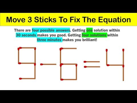 Matchstick puzzle - 9 minus 6 is not equal to 4 - move 3 matchsticks to make the equation true