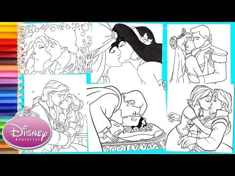Coloring disney princes and princesses - compilation coloring pages for kids