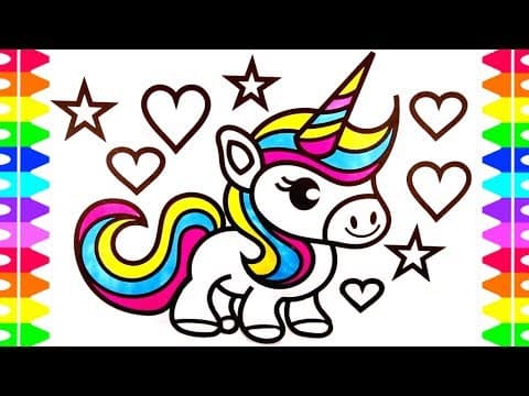 Cute unicorn coloring page for kids - learn how to draw a baby unicorn with hearts stars