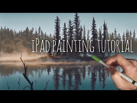 Ipad landscape painting tutorial - trees and misty lake