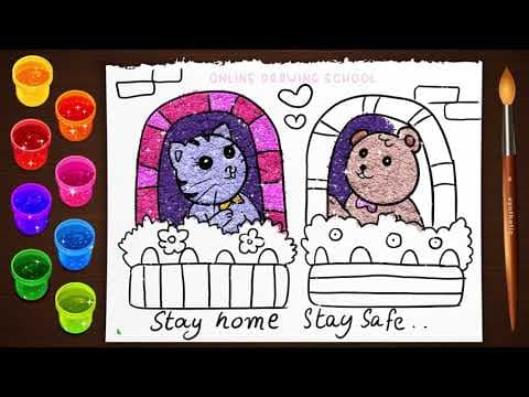 Simple cute cat and bear drawing - glitter coloring - stay home stay safe - Lesson 142