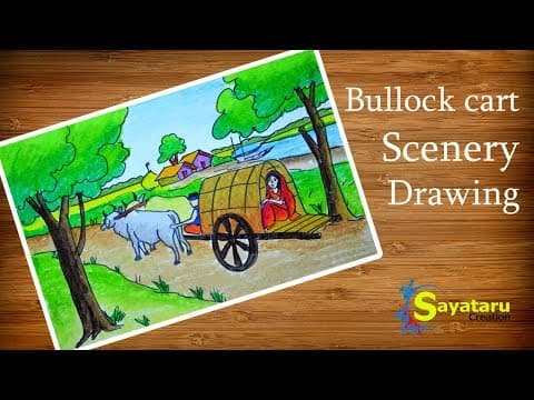 Bullock cart Scenery drawing, How to draw Scenery of Village road