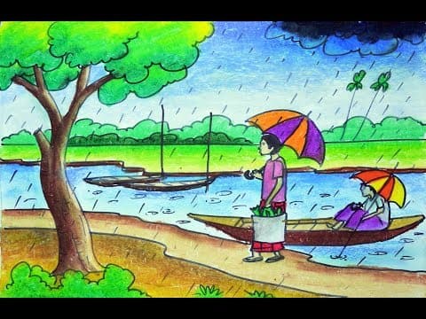 How to draw Rainy season scenery, Rainy days scenery drawing